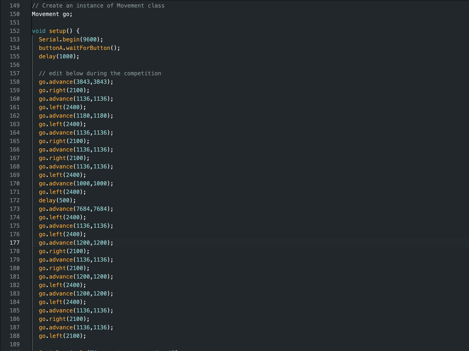 Example lines of codes utilized for track run